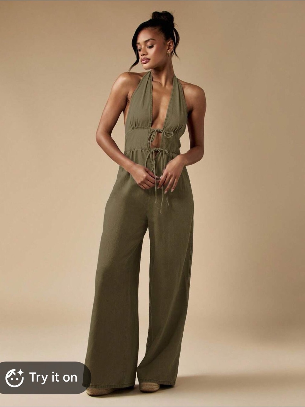 Missguided Olive Halter Tie-Front Wide Leg Jumpsuit, NWT